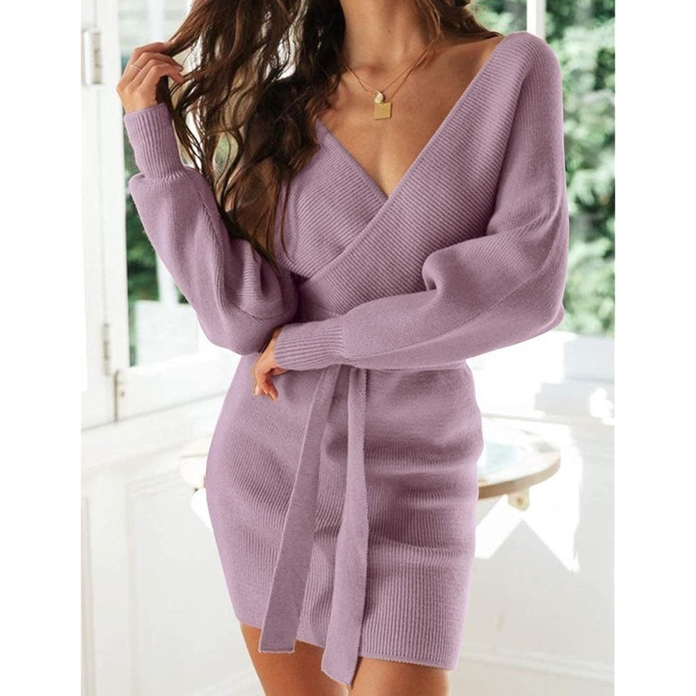 ZESICA Knitted Bodycon Pullover belted lilac Sweater Dress M NWT